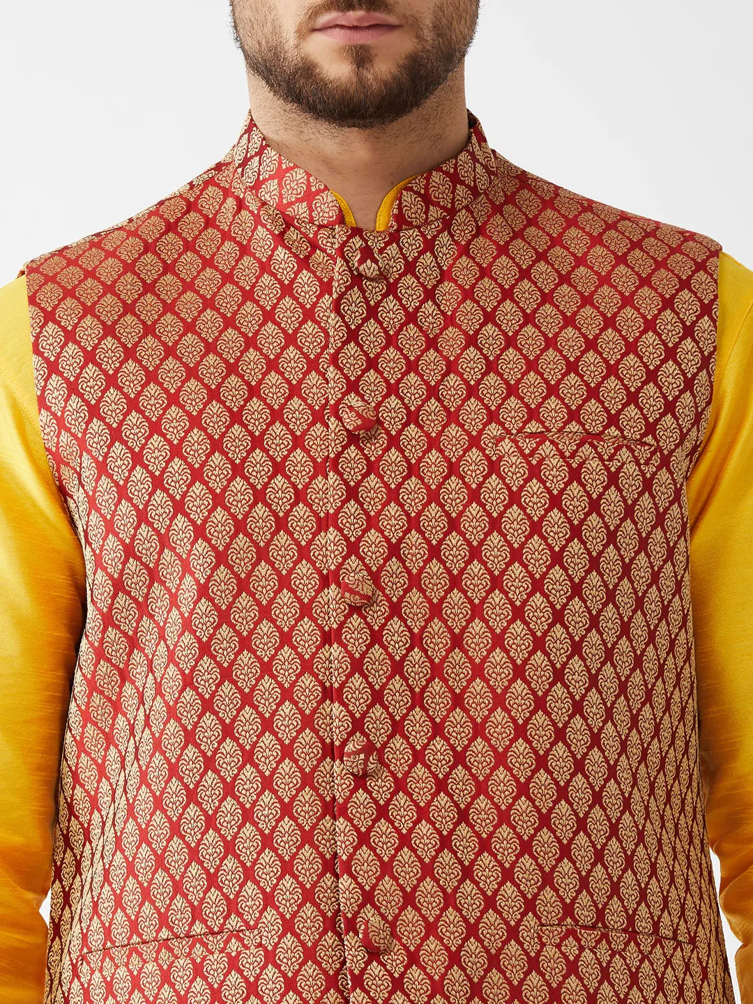 VM BY VASTRAMAY Men's Maroon Silk Blend Ethnic Jacket, Yellow Kurta and Maroon Pyjama Set