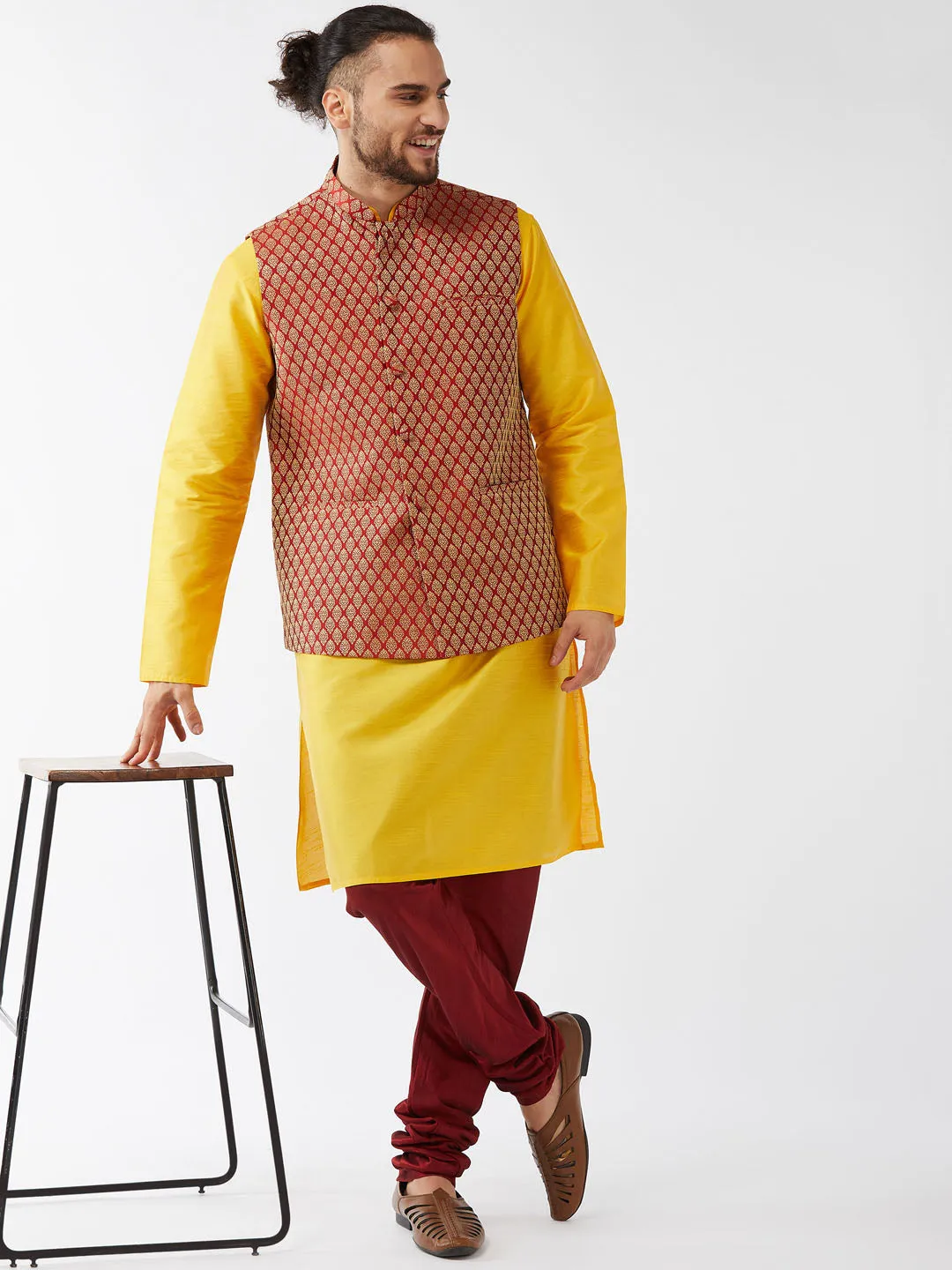 VM BY VASTRAMAY Men's Maroon Silk Blend Ethnic Jacket, Yellow Kurta and Maroon Pyjama Set