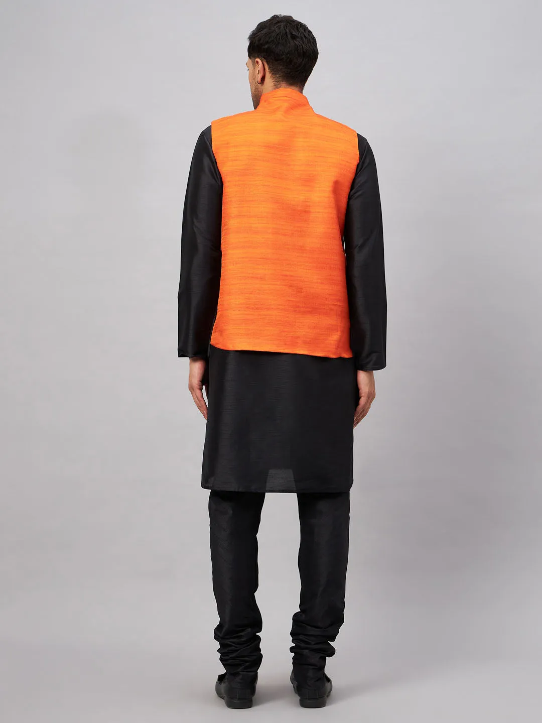 VM By VASTRAMAY Men's Orange Jacket With Black Solid Silk Blend Kurta and Pyjama Set