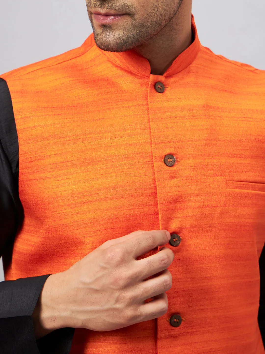 VM By VASTRAMAY Men's Orange Jacket With Black Solid Silk Blend Kurta and Pyjama Set