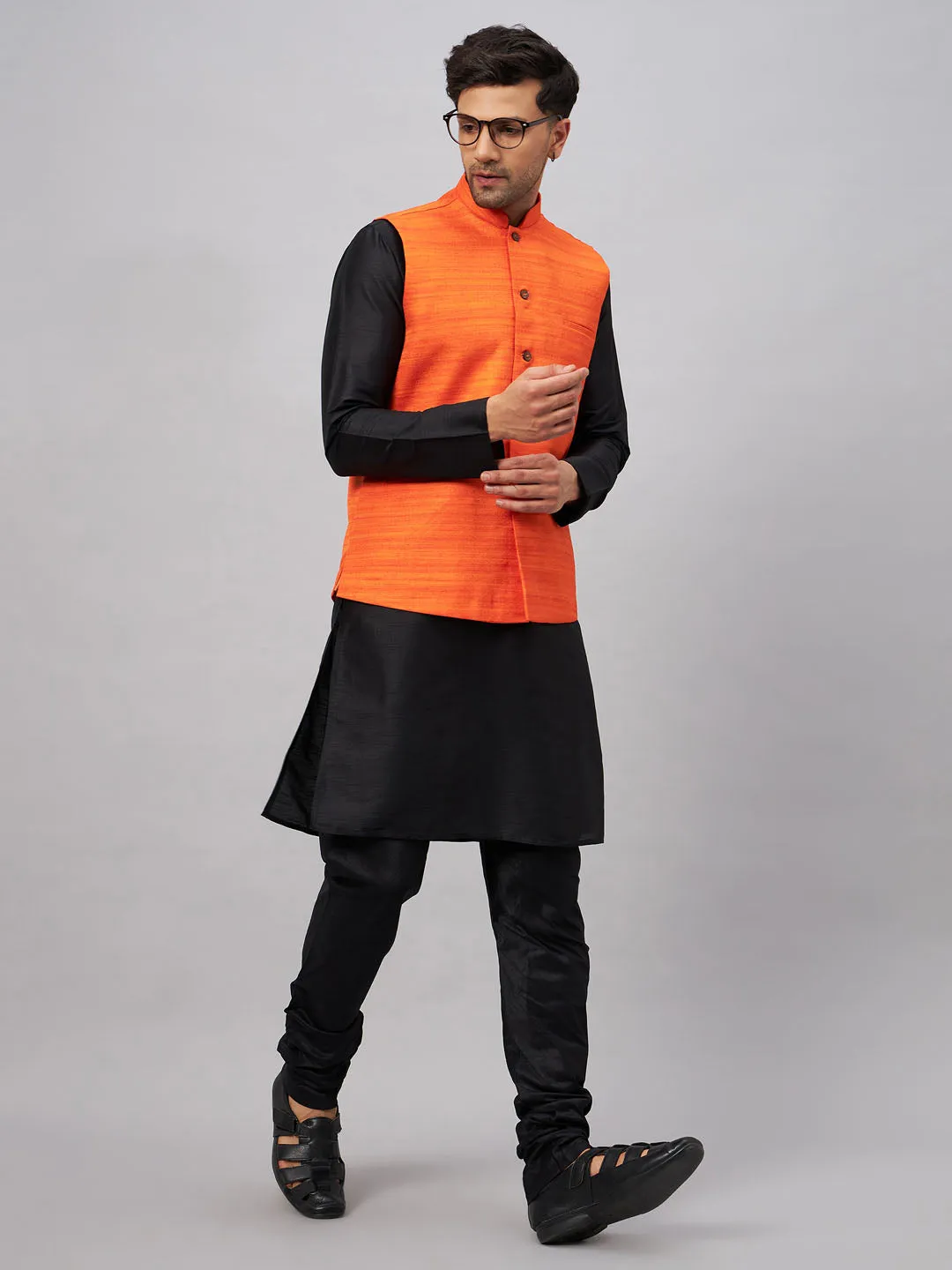 VM By VASTRAMAY Men's Orange Jacket With Black Solid Silk Blend Kurta and Pyjama Set