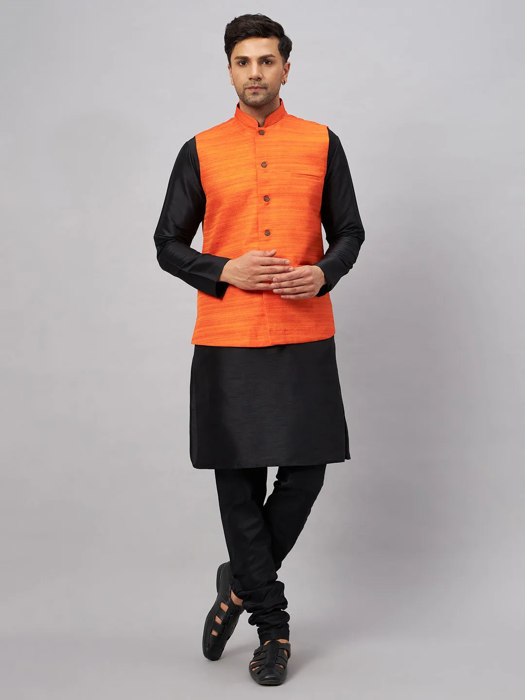 VM By VASTRAMAY Men's Orange Jacket With Black Solid Silk Blend Kurta and Pyjama Set