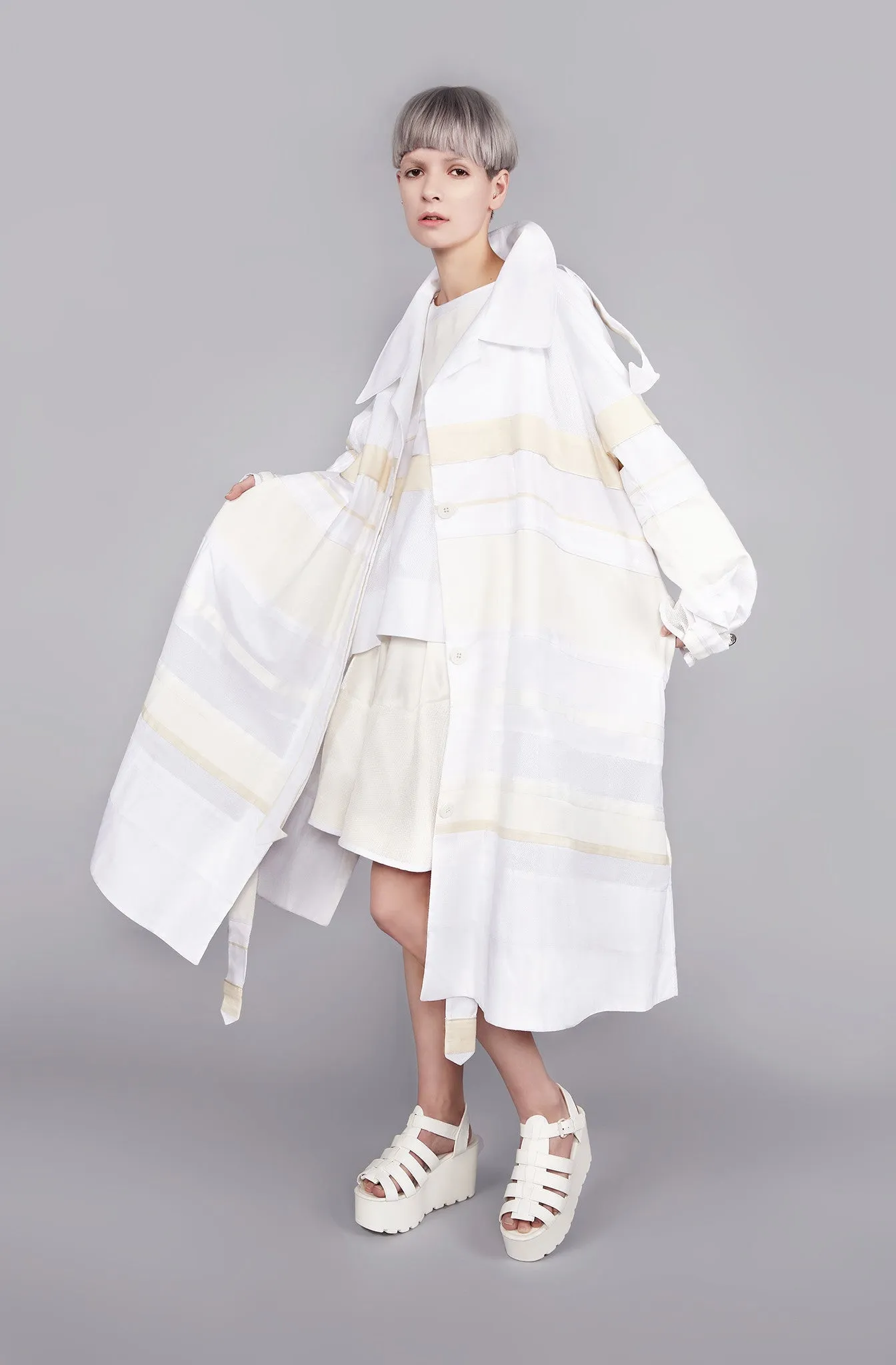 White and Cream Mixed Textile Morrison Trench Coat