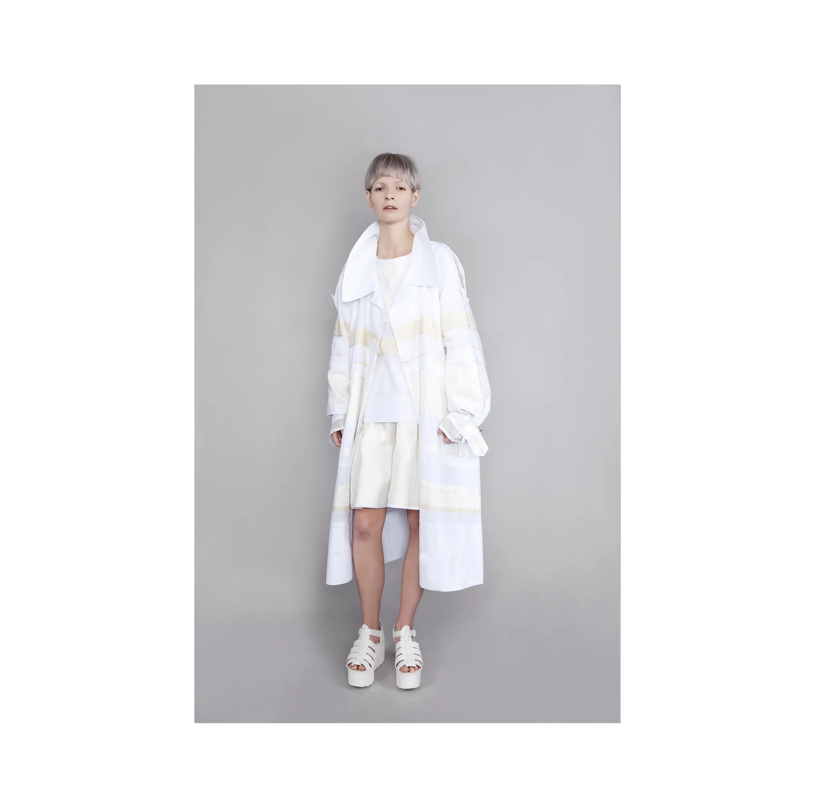 White and Cream Mixed Textile Morrison Trench Coat