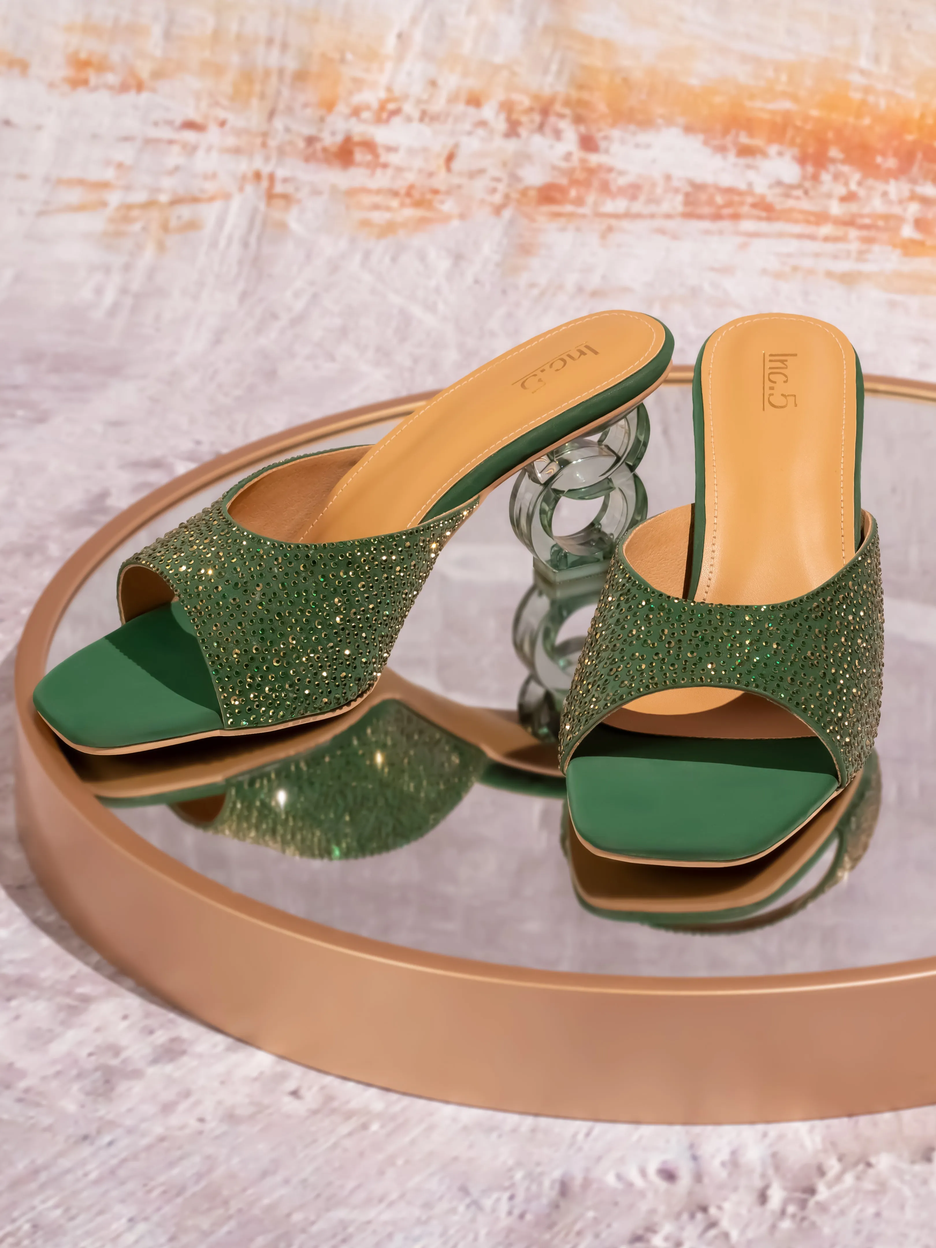 Women Green & Gold-Toned Embellished Open Toe Transparent Block Heels