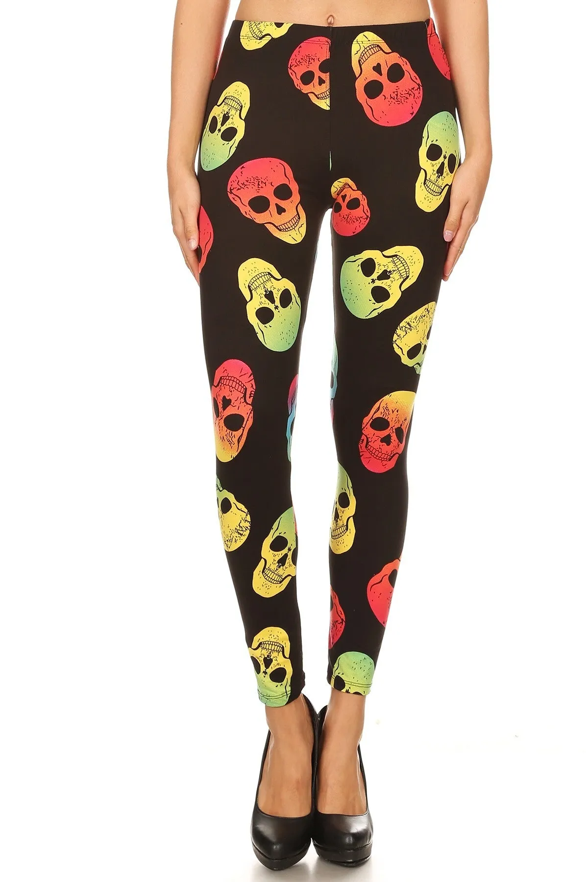 Women's 3X 5X Colorful Skull Pattern Printed Leggings - Red Yellow