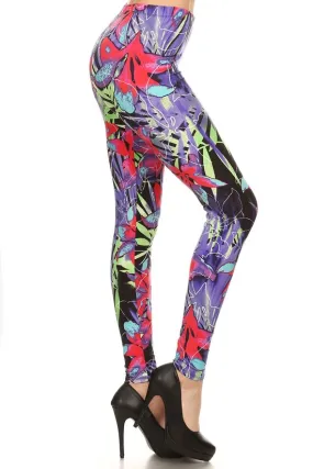 Women's Plus Abstract Big Petal Floral Pattern Printed Leggings - Pink Purple