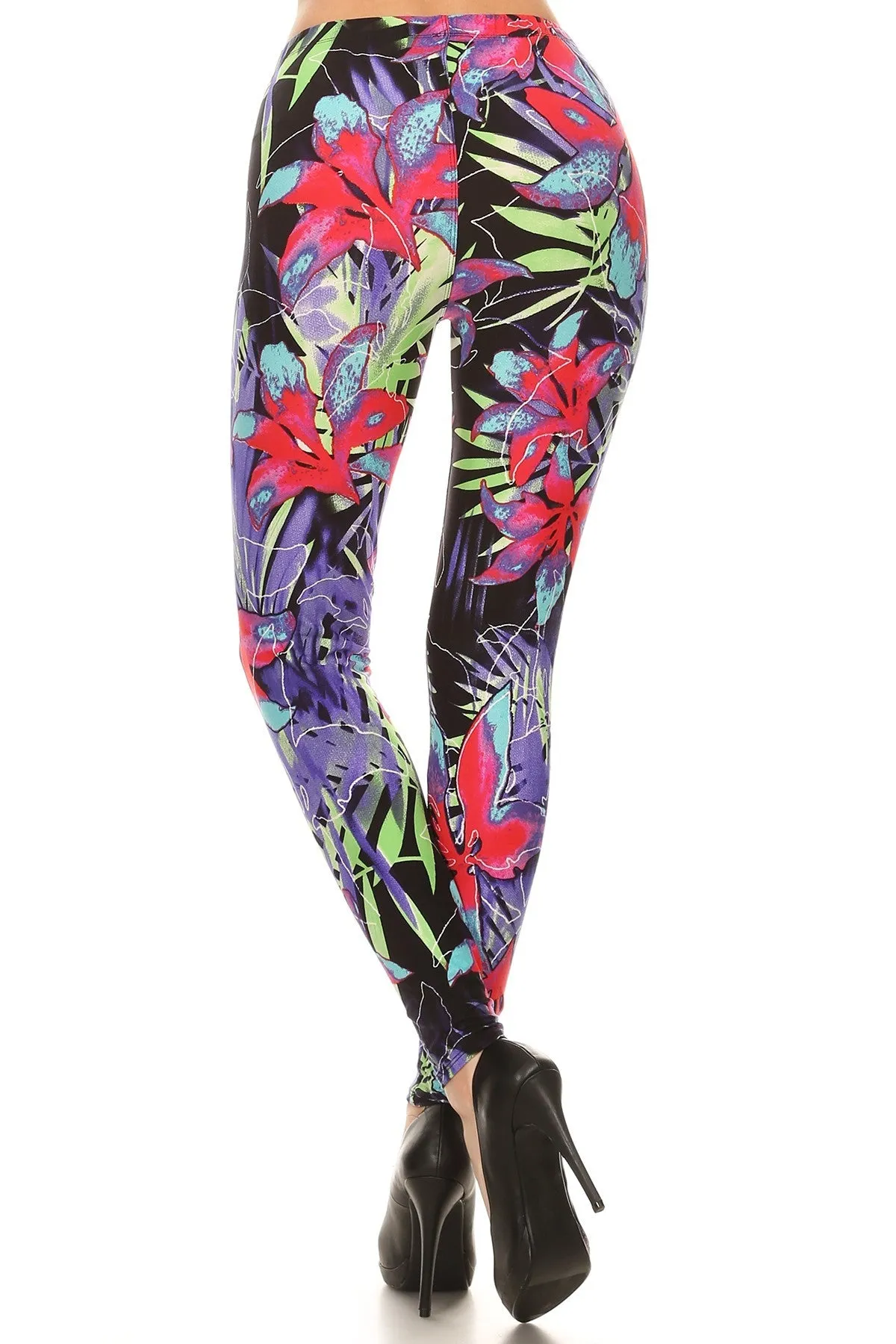 Women's Plus Abstract Big Petal Floral Pattern Printed Leggings - Pink Purple