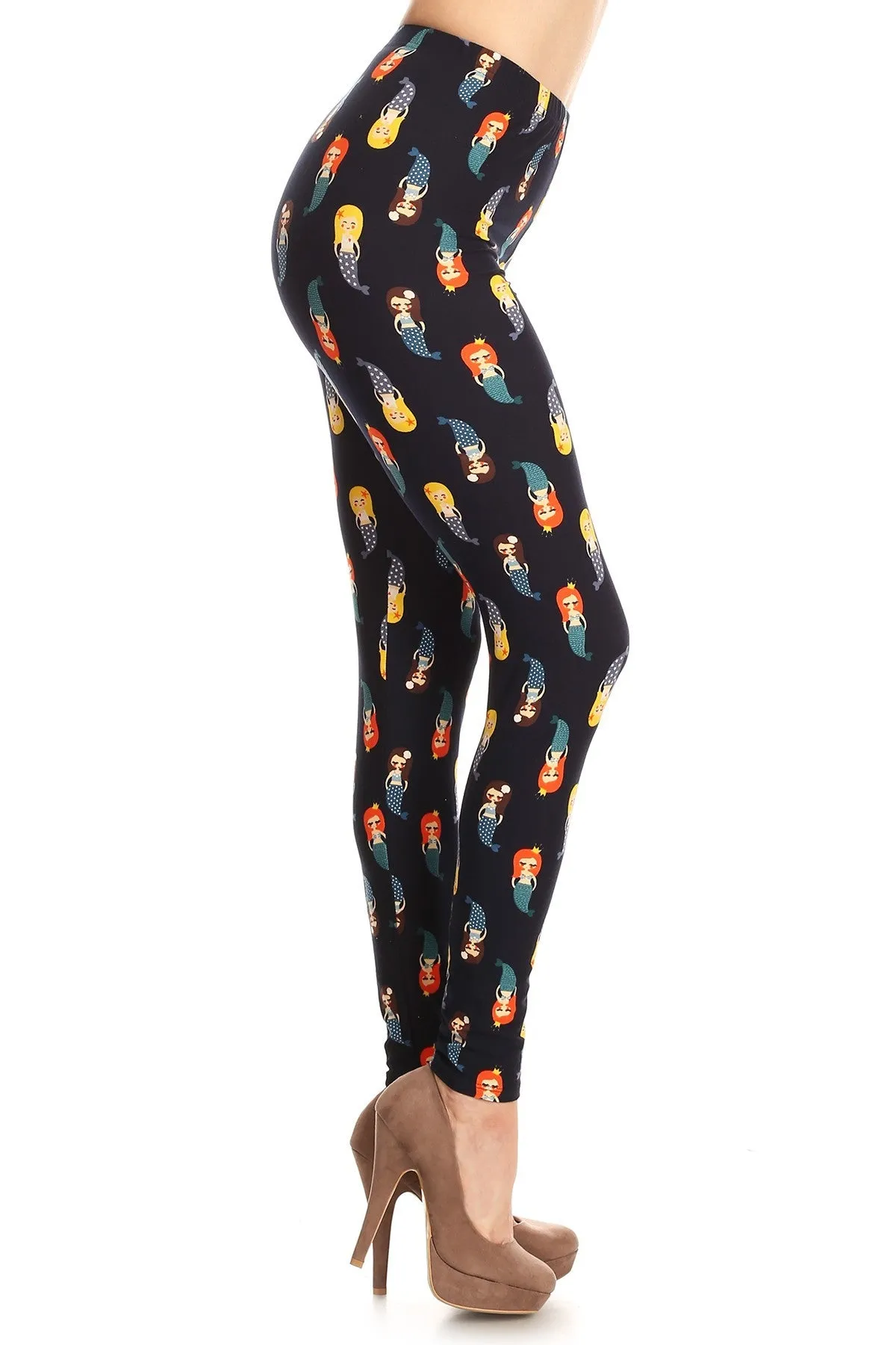 Women's Plus Little Mermaid Pattern Printed Leggings - Blue Yellow