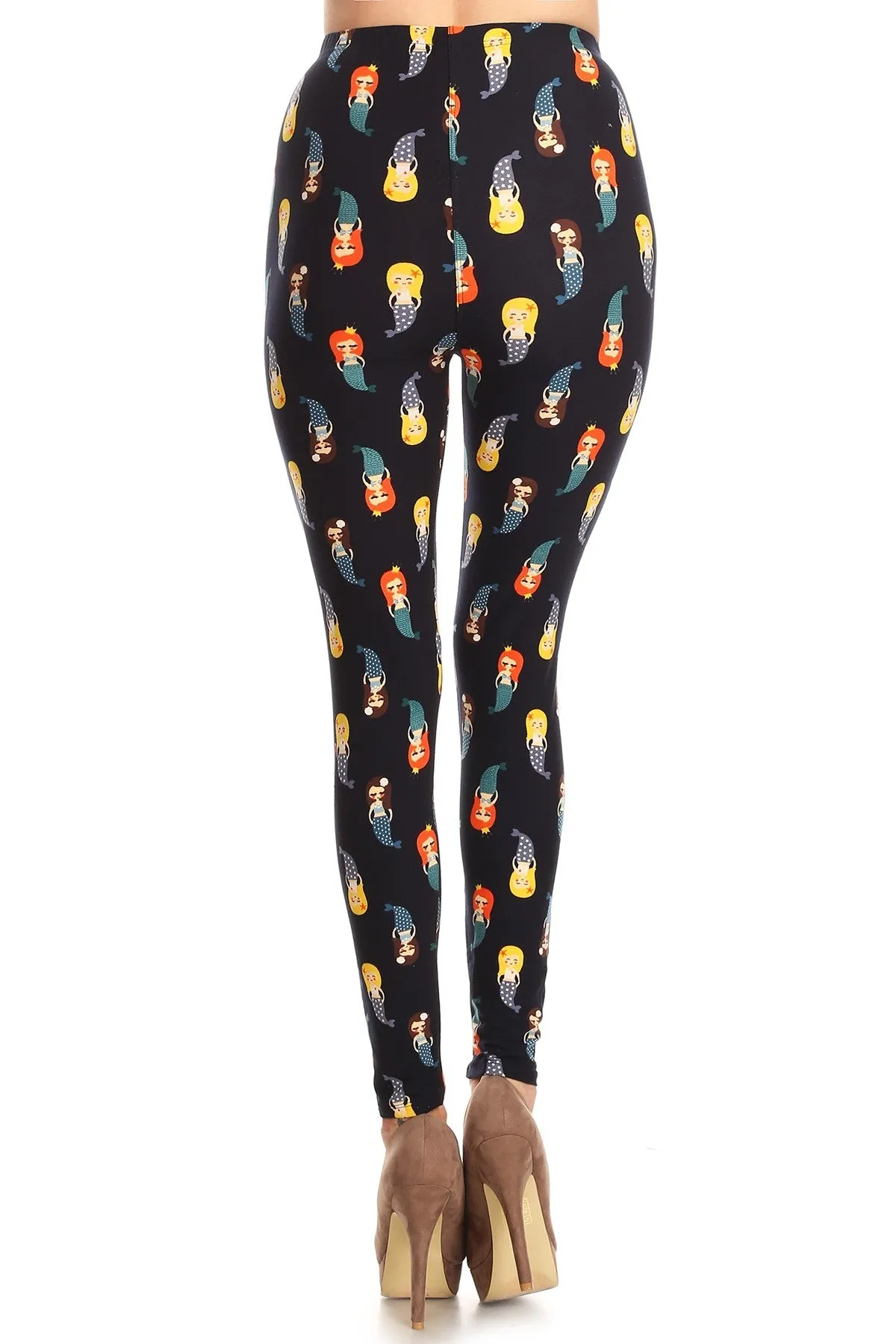 Women's Plus Little Mermaid Pattern Printed Leggings - Blue Yellow