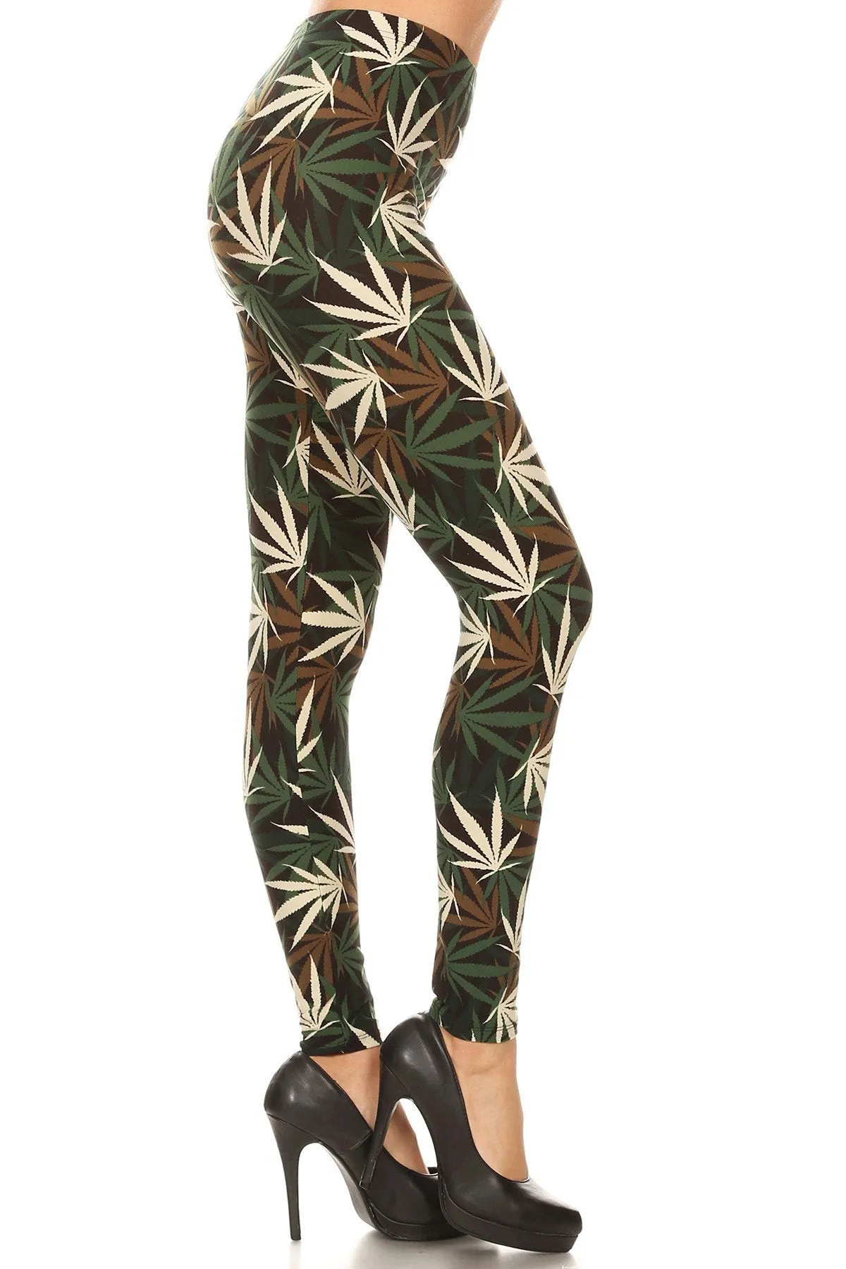 Women's Plus Olive Brown Leaf Cannabis Pattern Printed Leggings