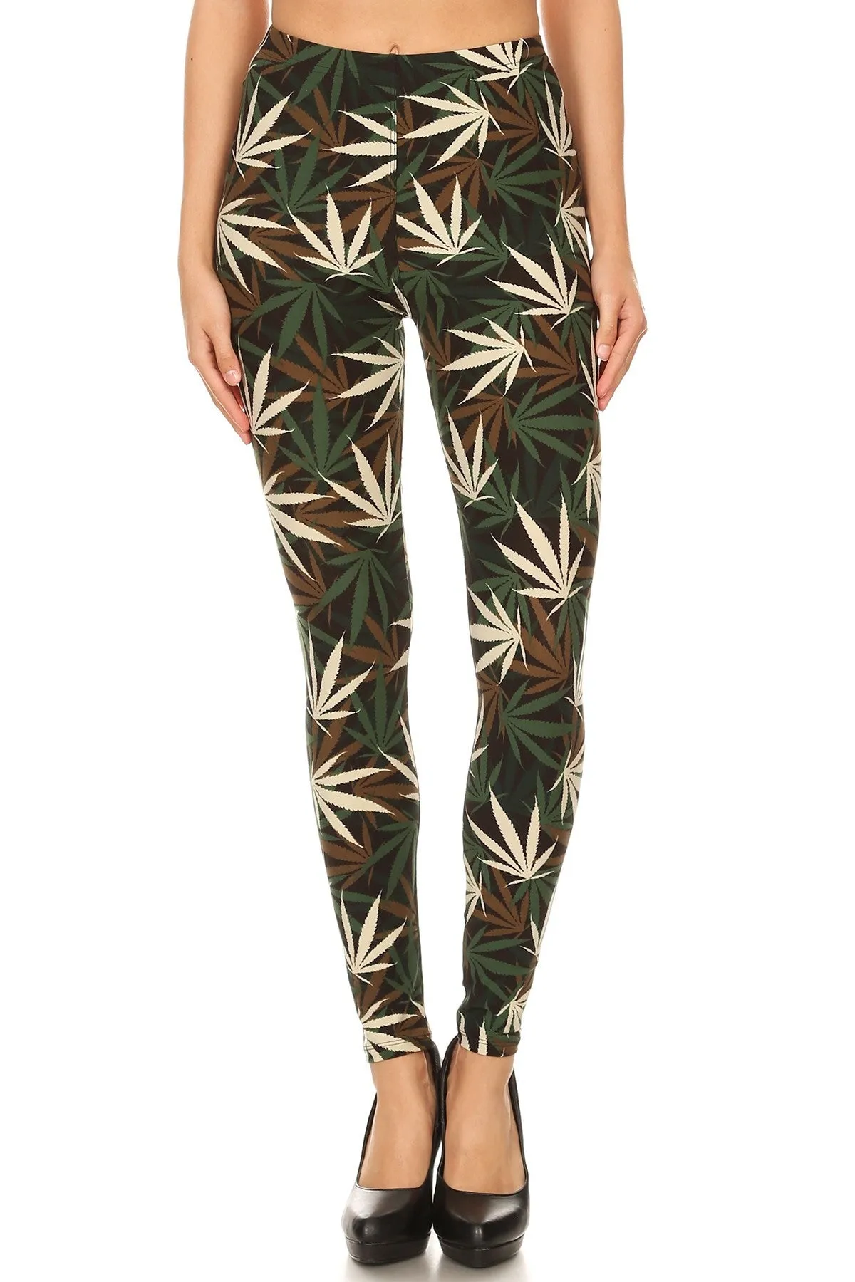 Women's Plus Olive Brown Leaf Cannabis Pattern Printed Leggings