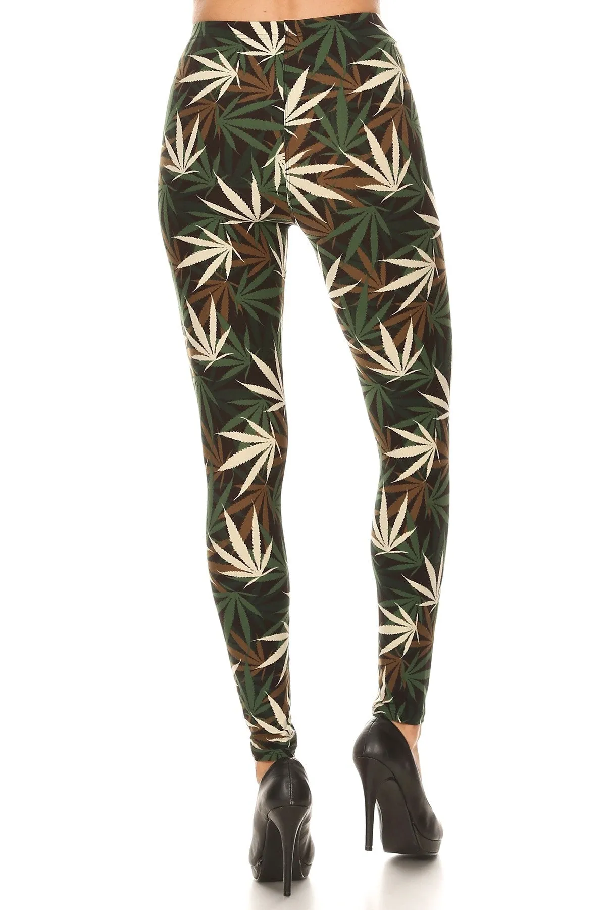 Women's Plus Olive Brown Leaf Cannabis Pattern Printed Leggings