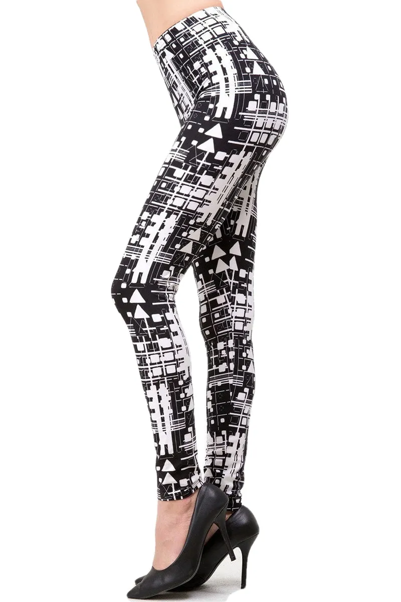 Women's Regular B&W Abstract Mixed Geometric Forms Pattern Printed Leggings