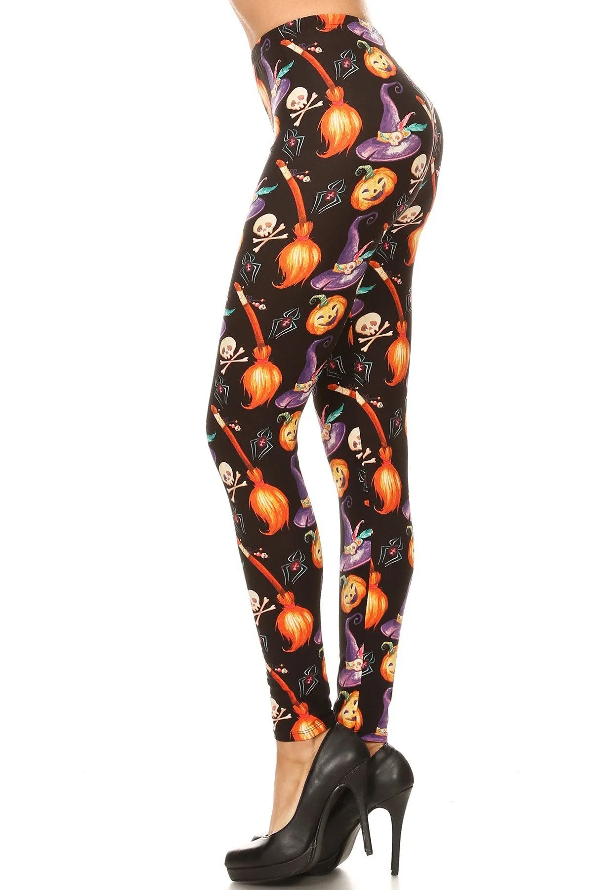 Women's Regular Halloween Witch Hat Broom Pattern Printed Leggings