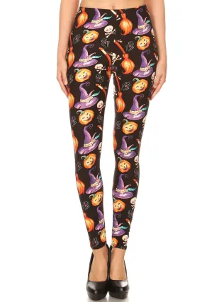 Women's Regular Halloween Witch Hat Broom Pattern Printed Leggings