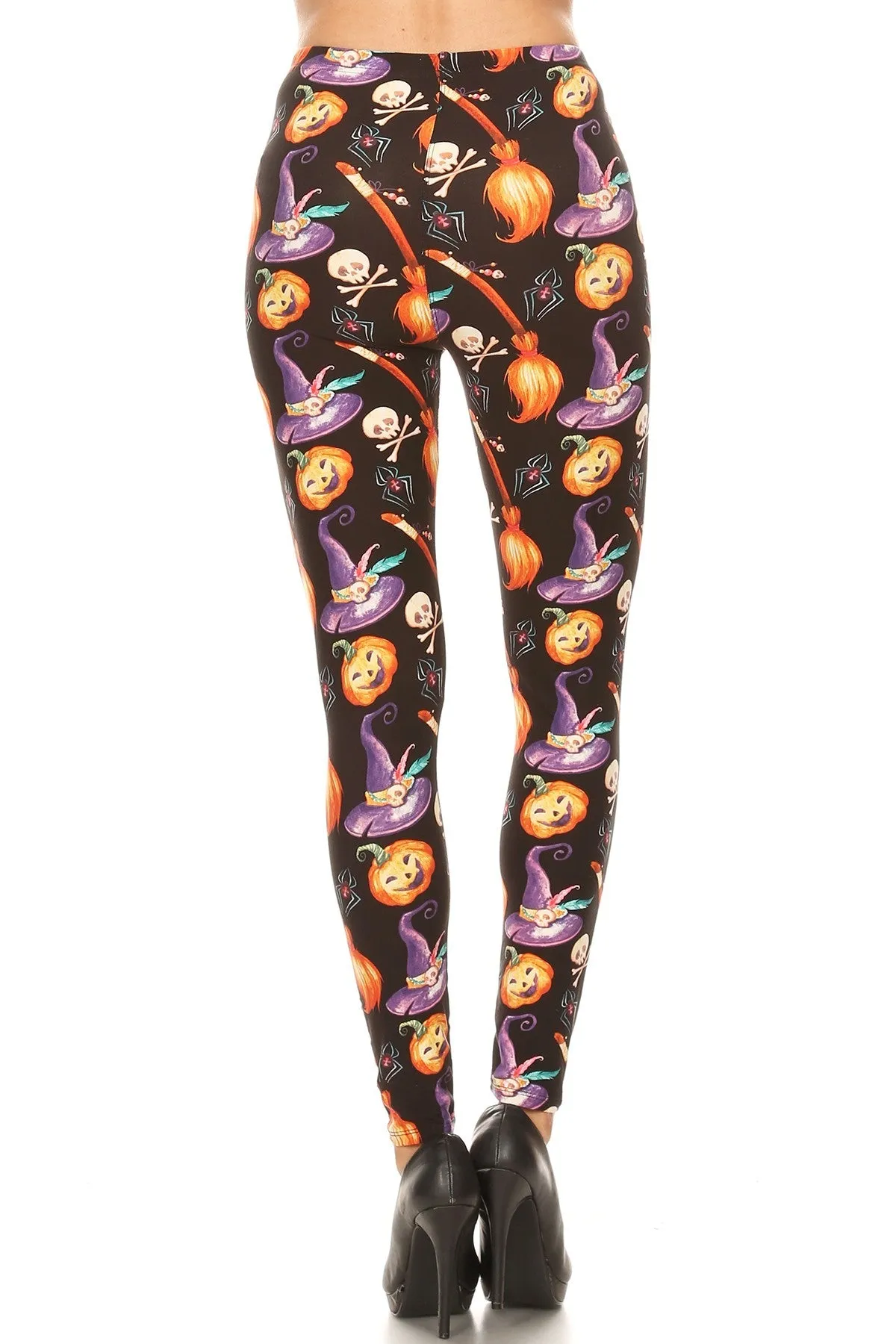 Women's Regular Halloween Witch Hat Broom Pattern Printed Leggings