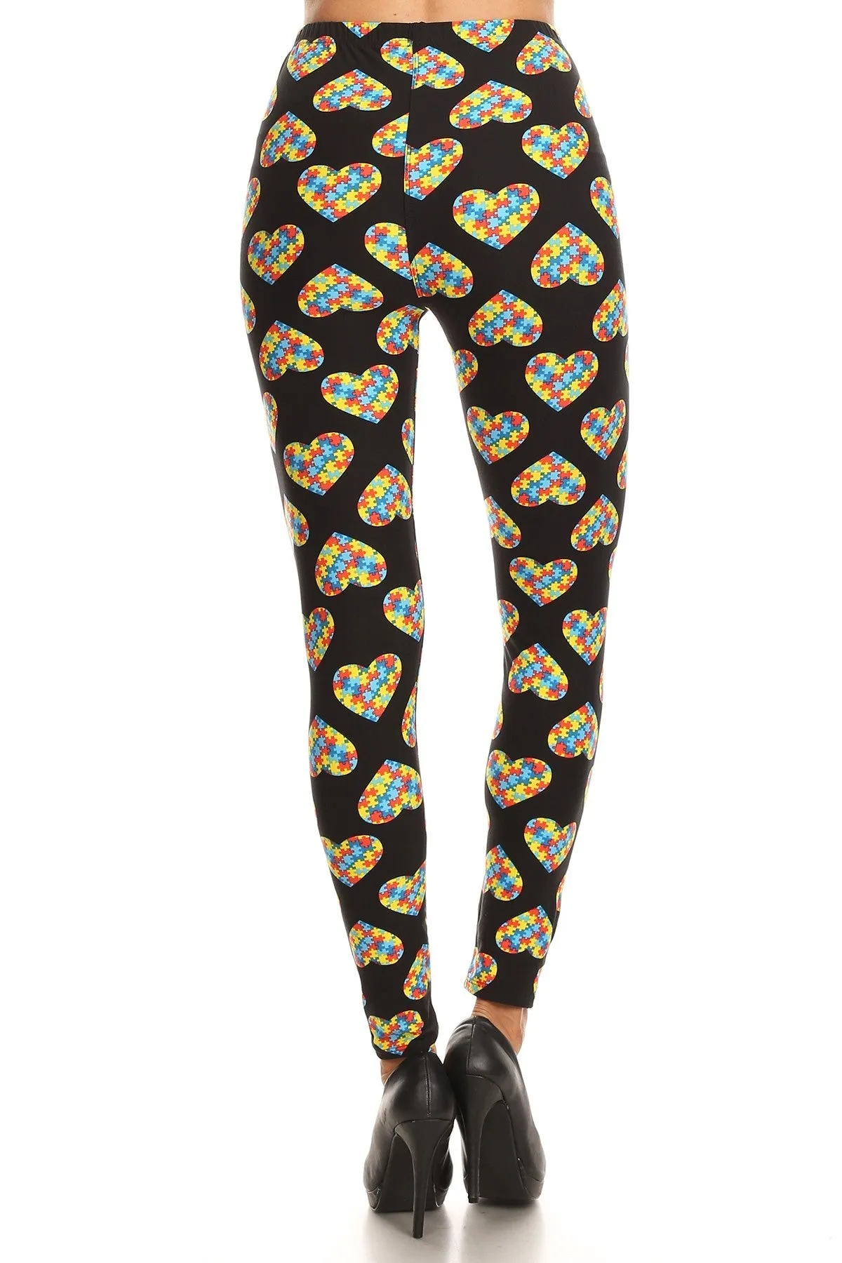 Women's Regular Heart Autism Jigsaw Puzzles Pattern Printed Leggings