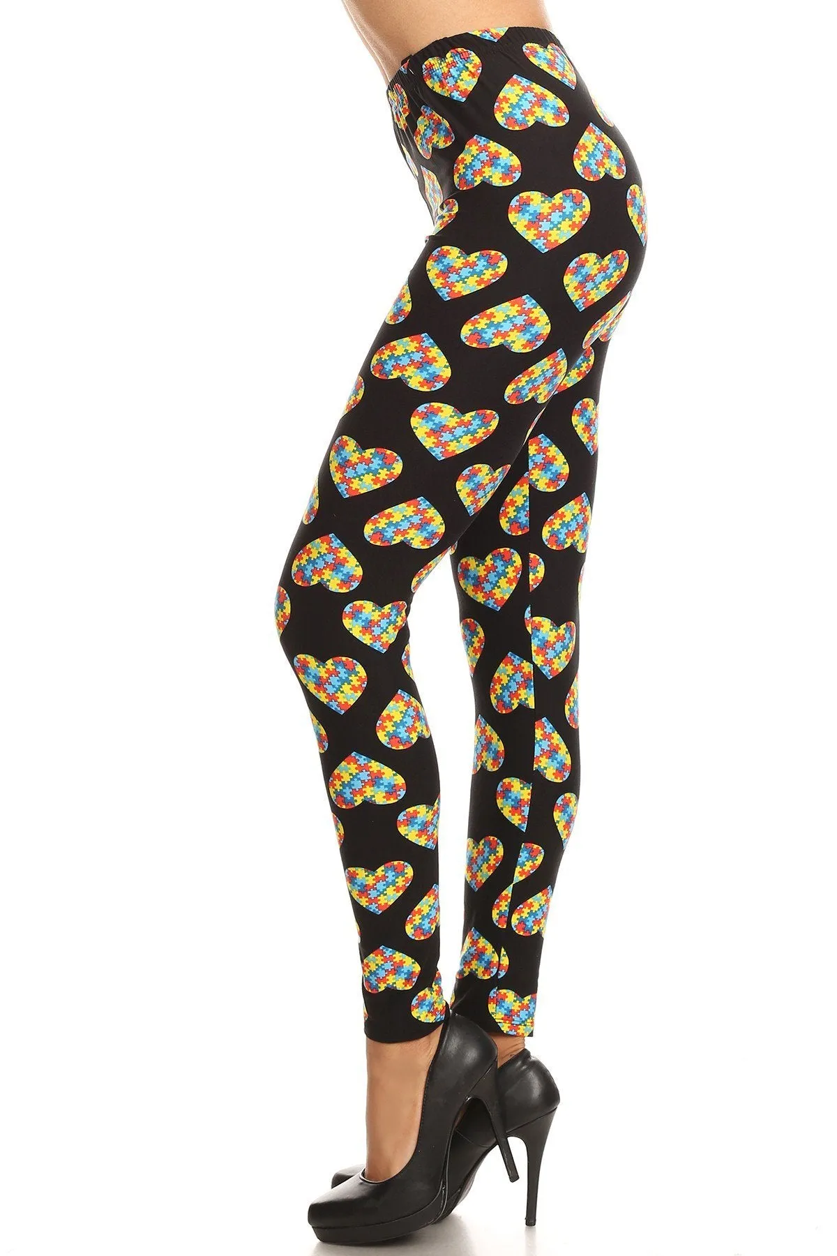 Women's Regular Heart Autism Jigsaw Puzzles Pattern Printed Leggings