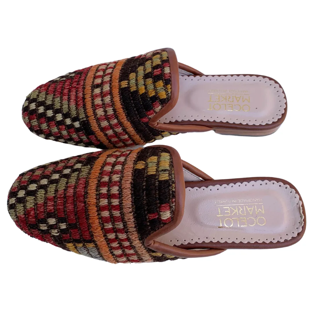 Women's Turkish Kilim Mules | Multicolor Red Pattern