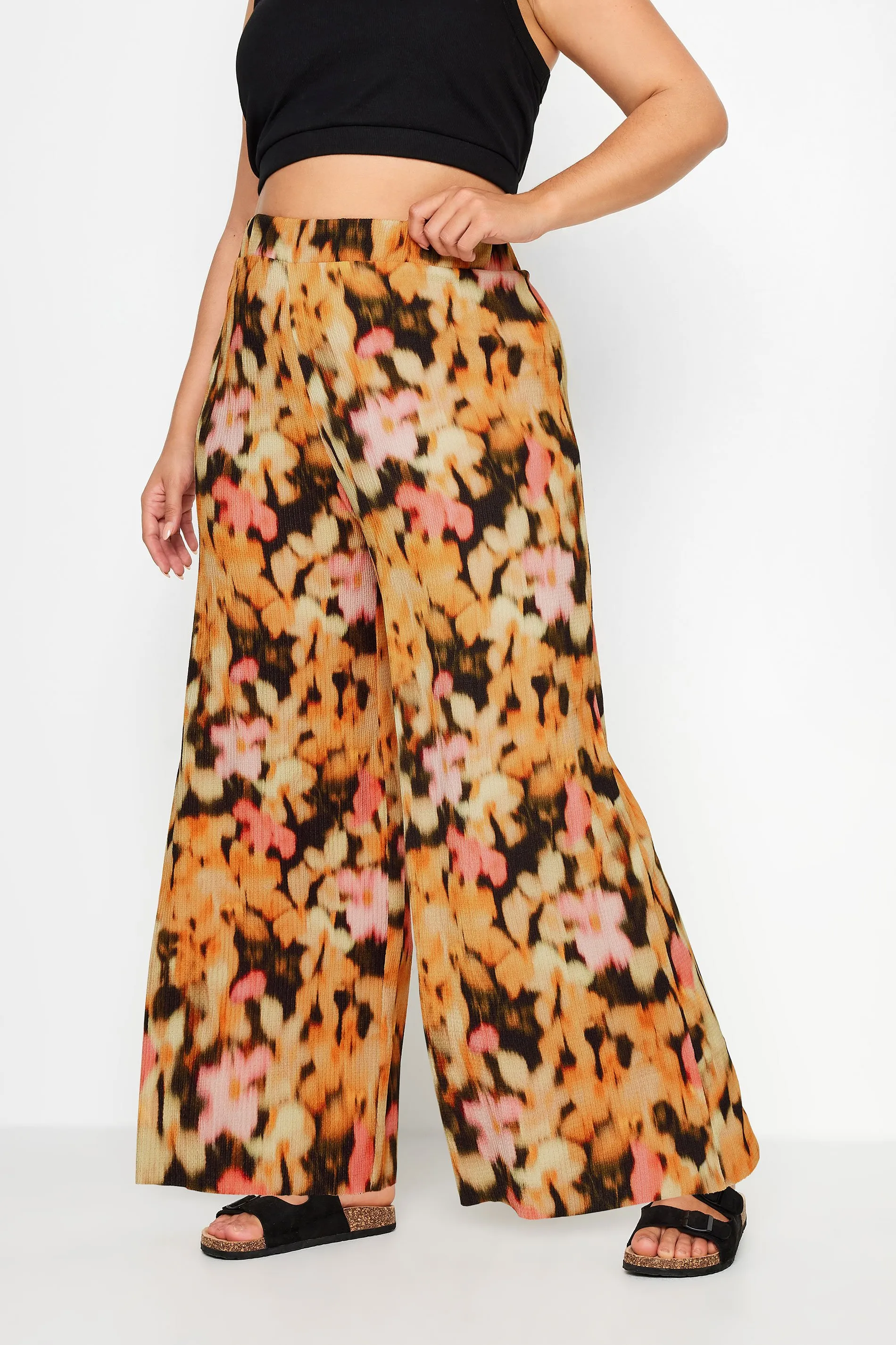 YOURS Curve Orange Floral Print Textured Wide Leg Trousers