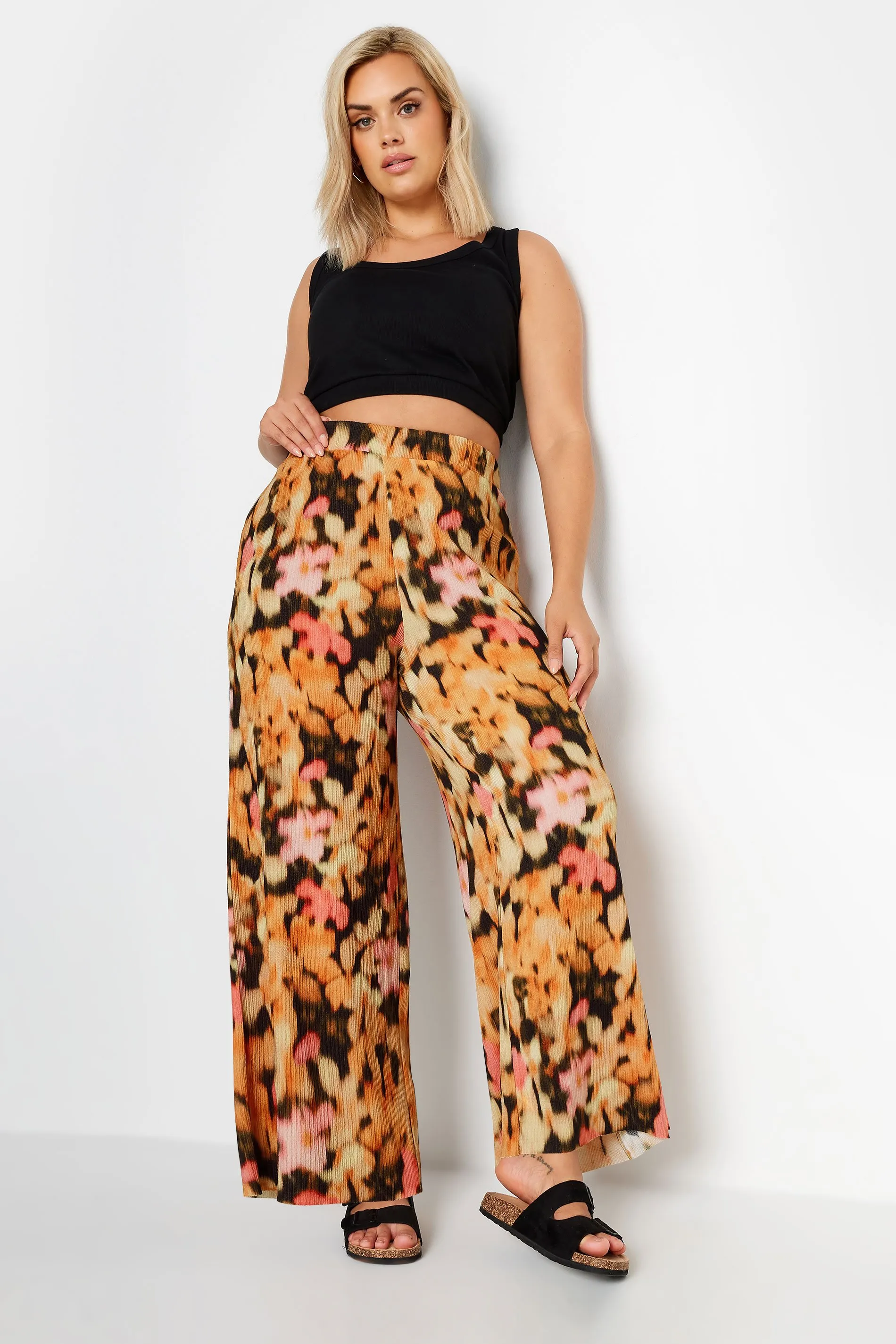 YOURS Curve Orange Floral Print Textured Wide Leg Trousers