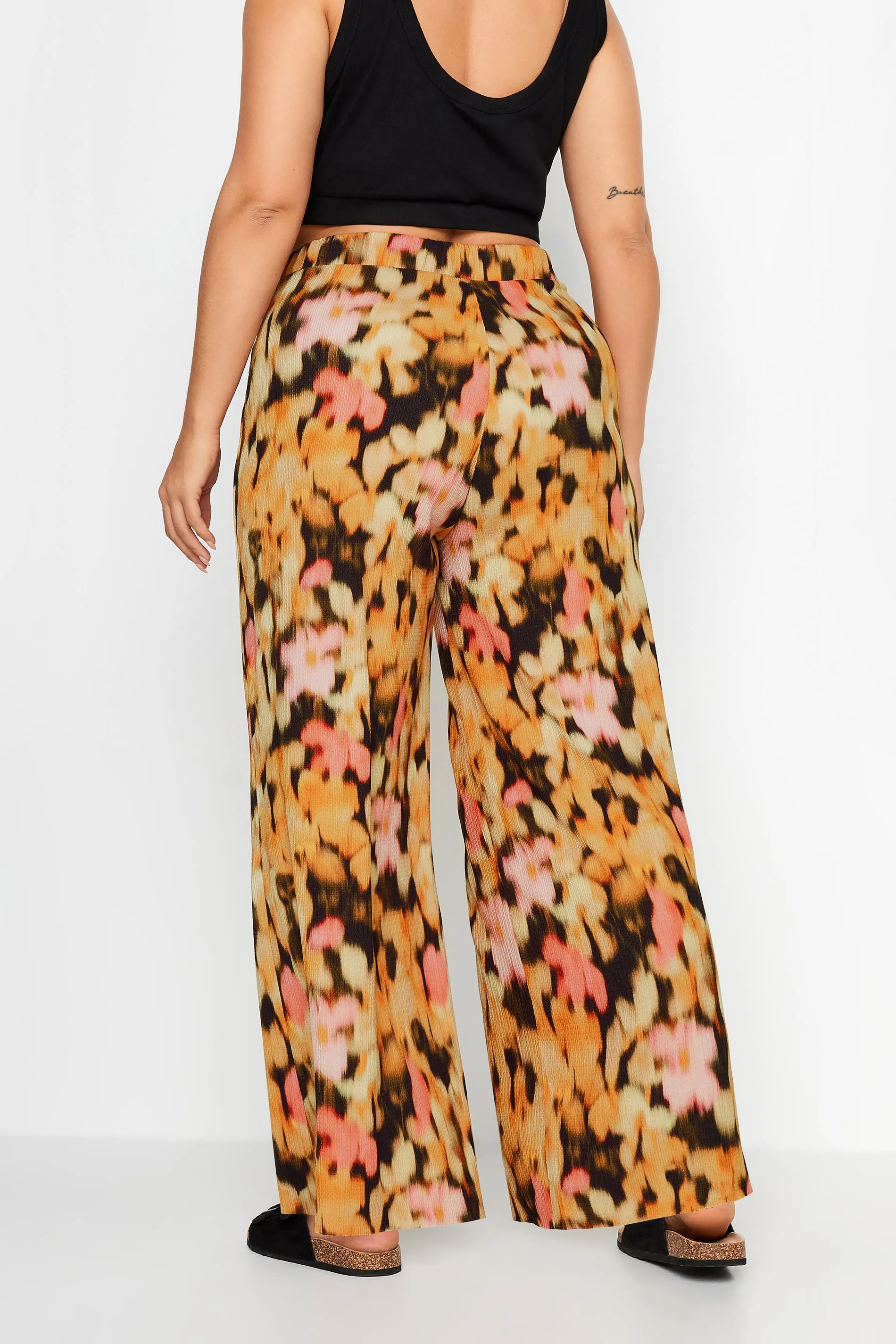 YOURS Curve Orange Floral Print Textured Wide Leg Trousers